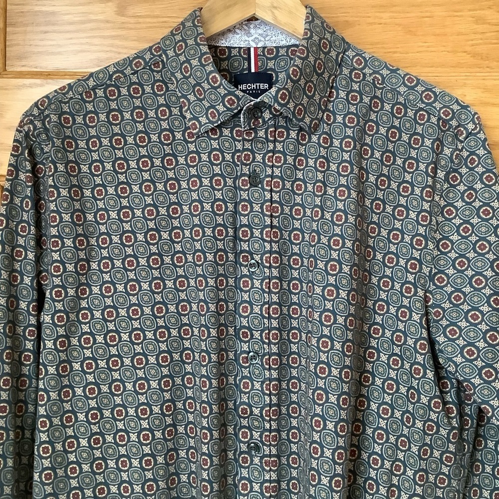 Daniel Hechter Paris Teal Geometric Printed 100% Cotton Shirt Size L - Picture 4 of 15